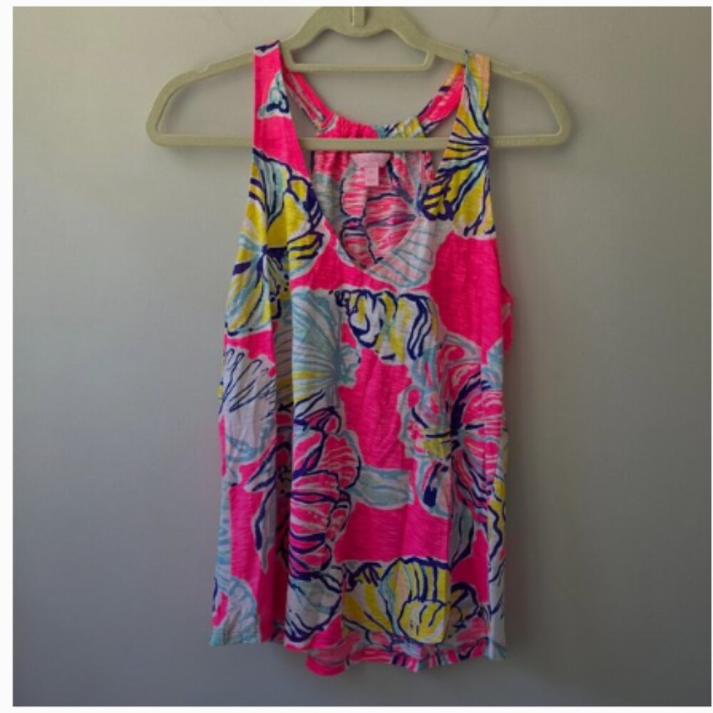 LILLY PULITZER Racker Back Tank Top | Medium | 100% Cotton Floral Neon Pink